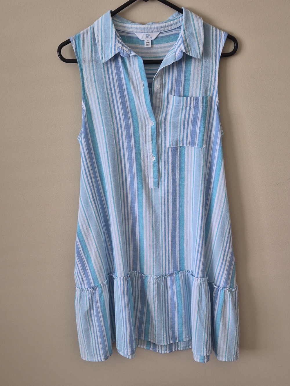 Time and Tru Blue and White Striped Sleeveless Shirt Dress